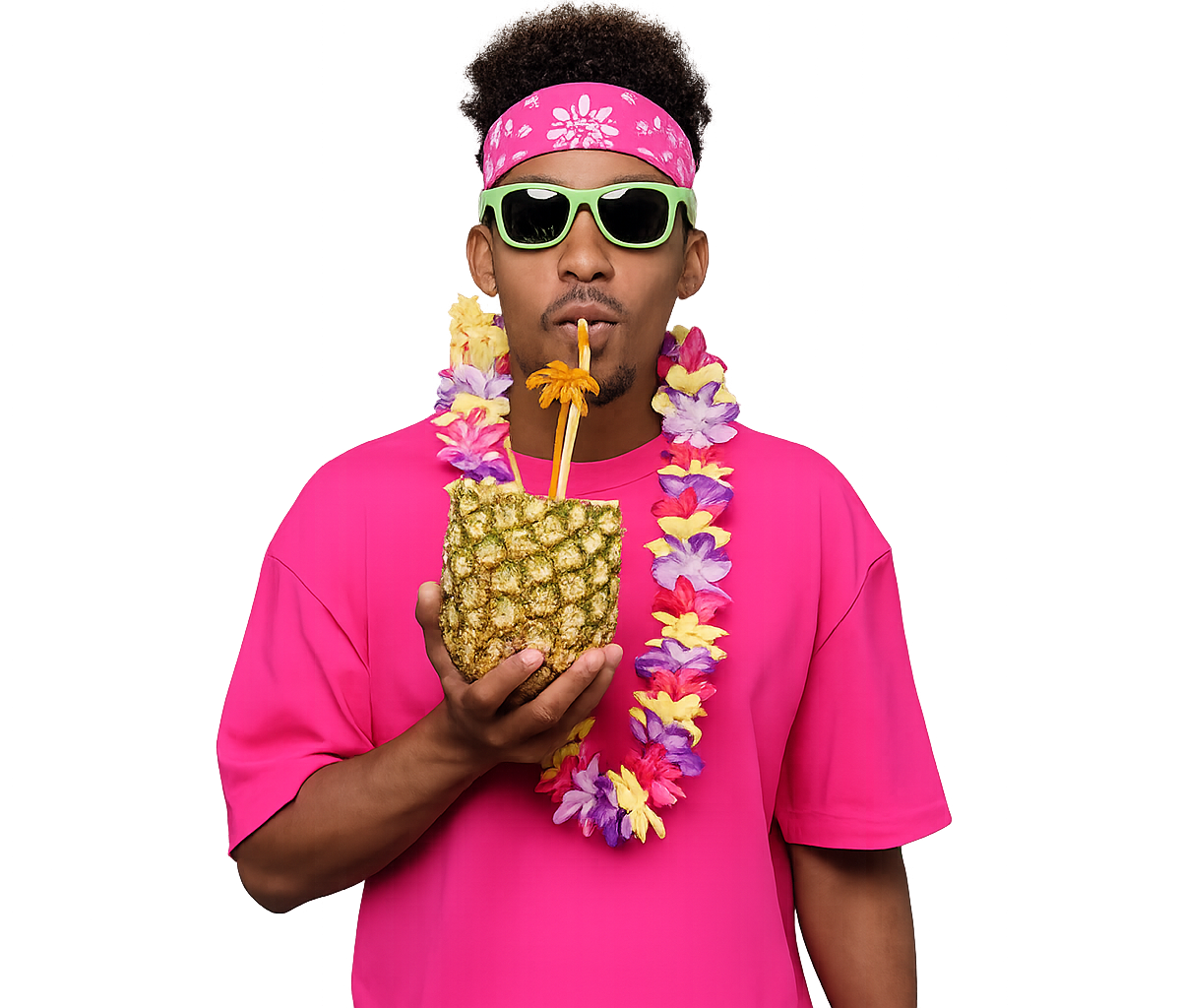 Person wearing bright green promotional sunglasses