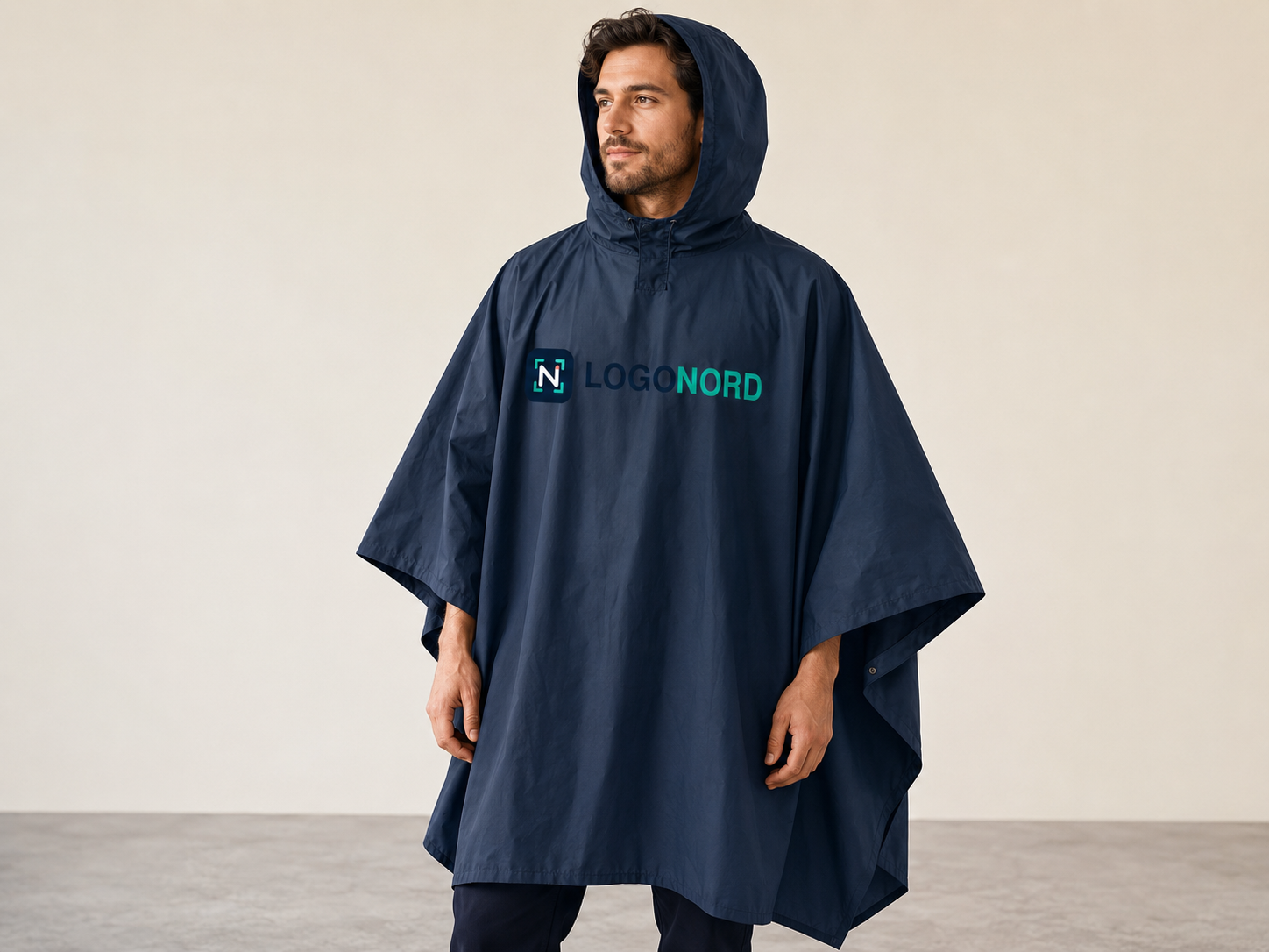 Navy poncho with front logo print